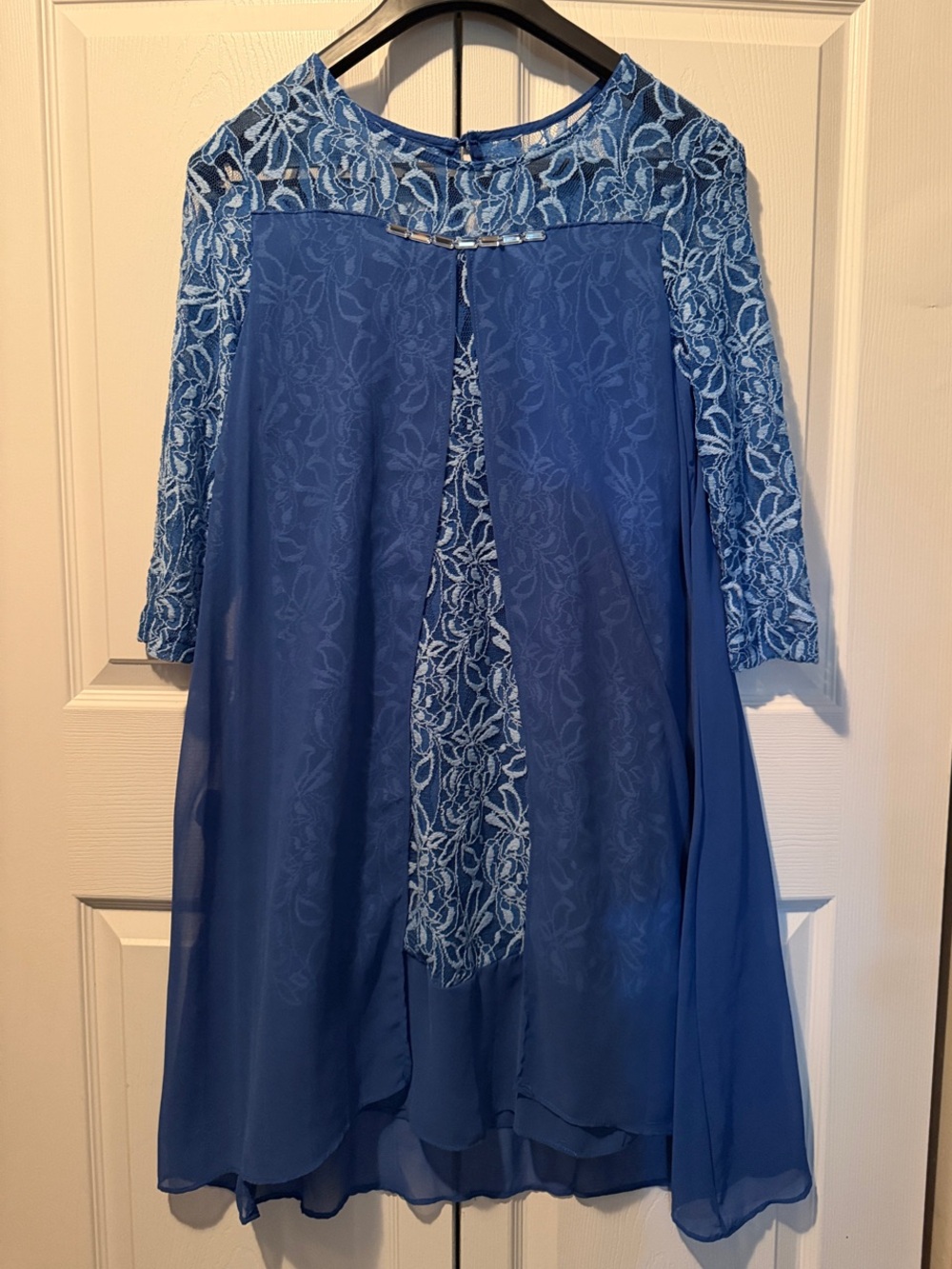 Elegant Blue Lace Overlay Long Sleeve Dress